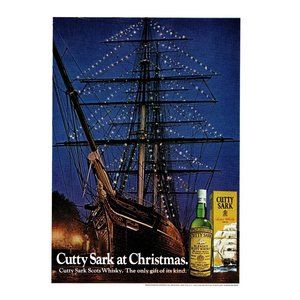1972 Cutty Sark Scotch at Christmas Vintage Print Ad Clipper Ship Lights Rigging